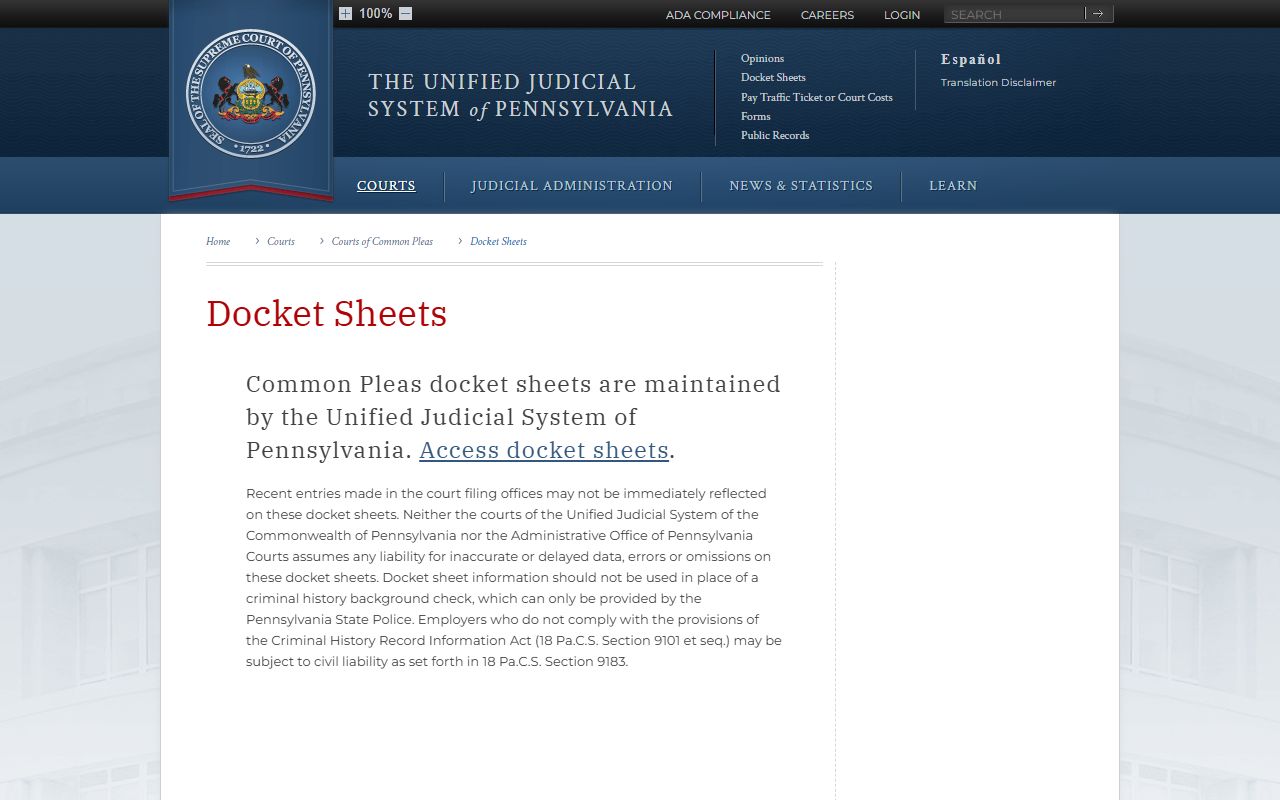 Union County court dockets on UJS docket sheets