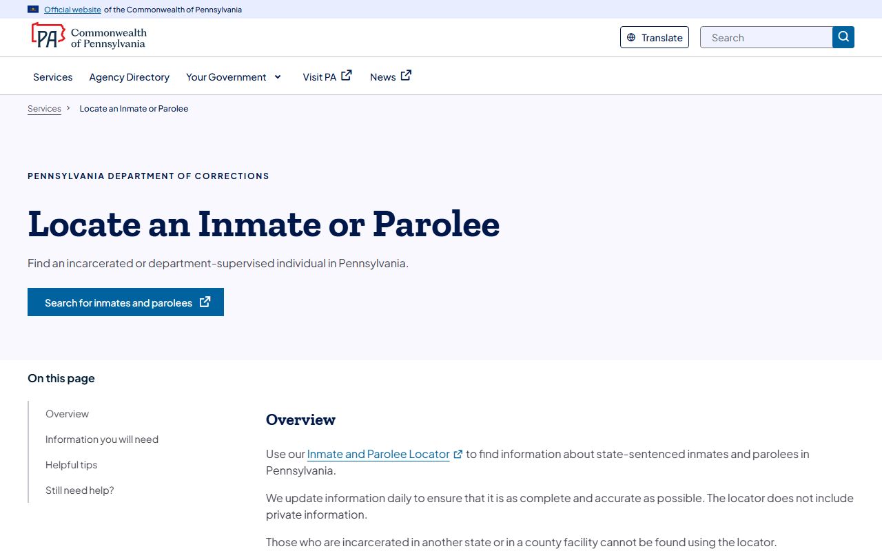 Pennsylvania DOC inmate and parolee locator page