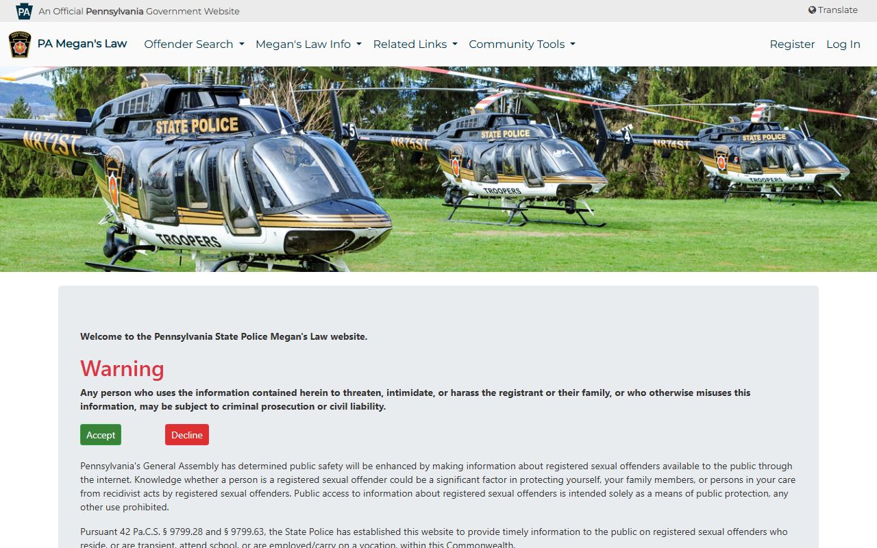 Pennsylvania State Police Megan's Law registry page