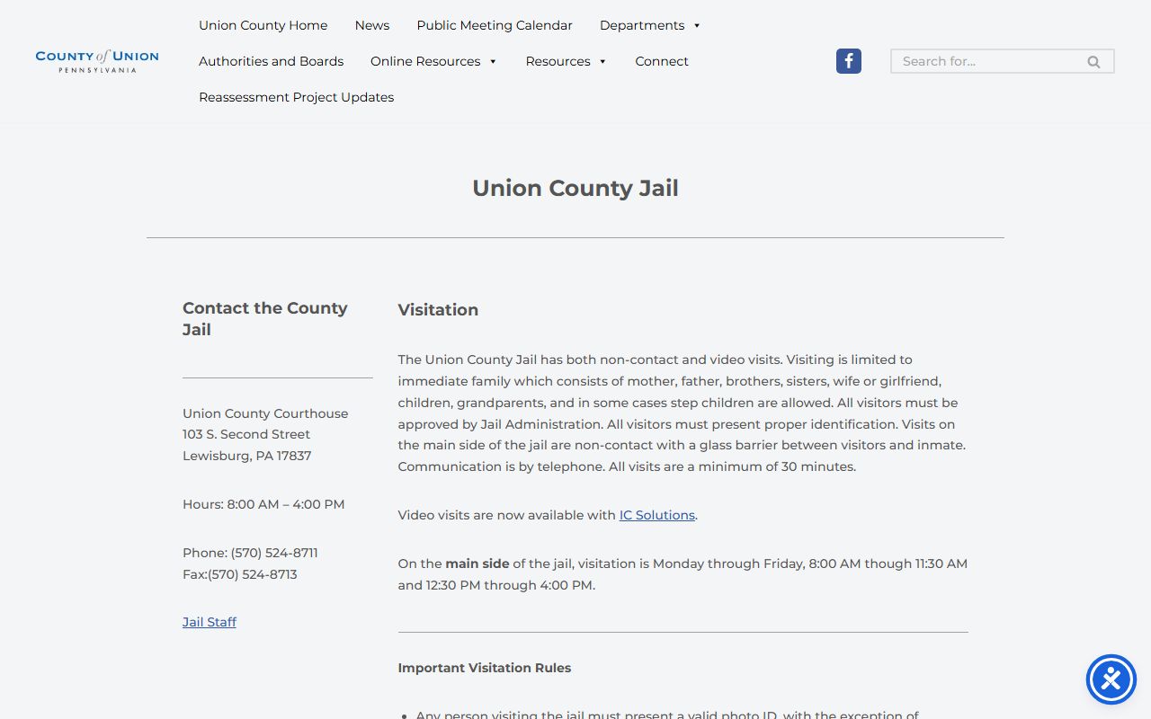 Union County Jail page with visitation and jail contact information