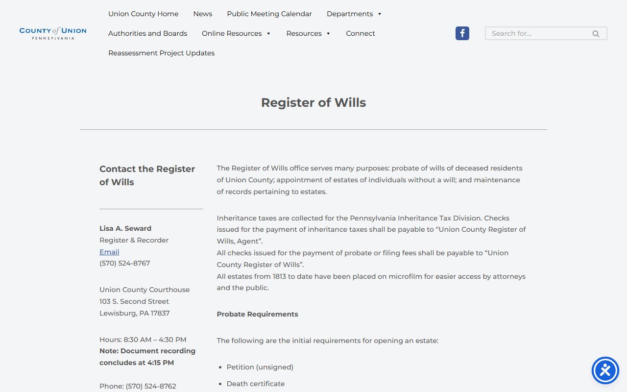 Union County Orphans' Court probate records Register of Wills page