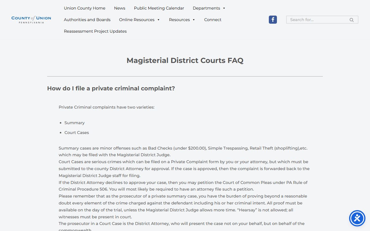 Union County Magisterial District Court FAQ with traffic appeal information