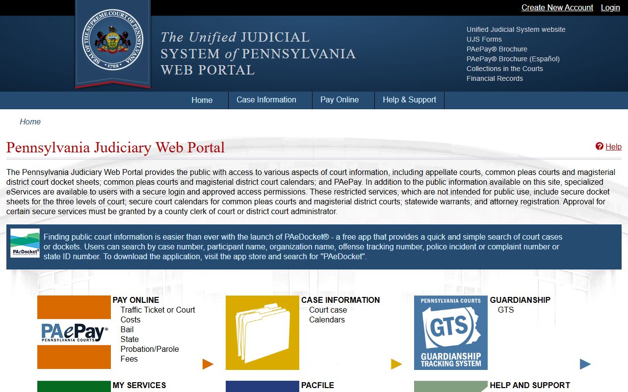 Pennsylvania UJS portal with PAePay traffic ticket and court costs payment link