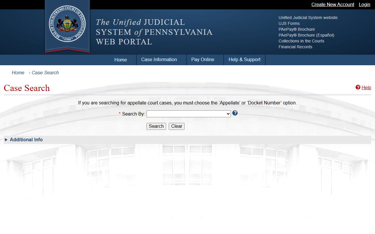 Pennsylvania UJS Case Search page for traffic citation lookup