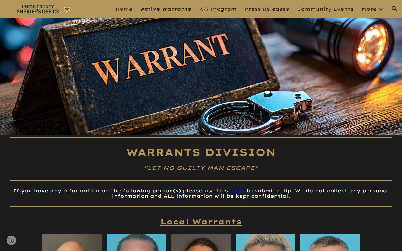 Union County Sheriff active warrants page with local warrant entries and tip form